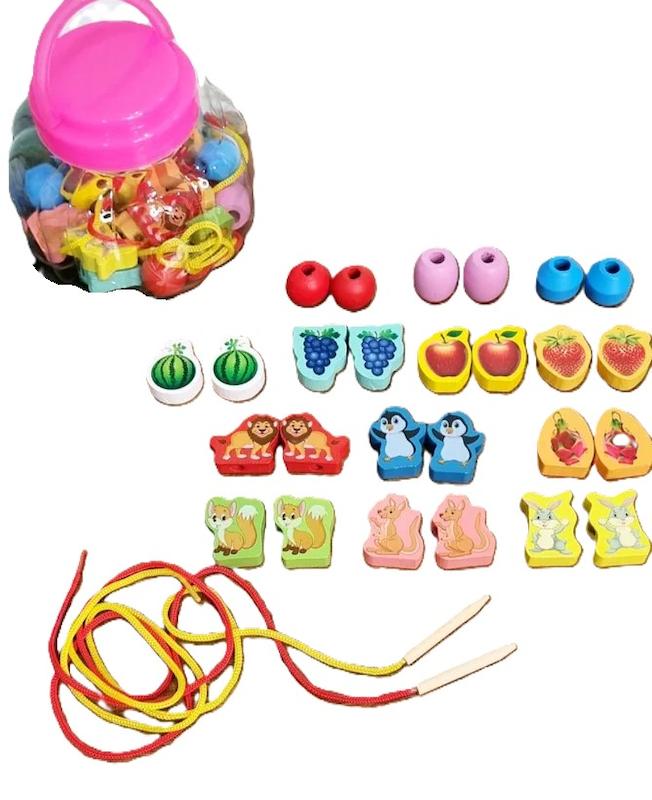 نخ و مهره چوبی رنگی 26 عددی طرح میوه جات و حیوانات