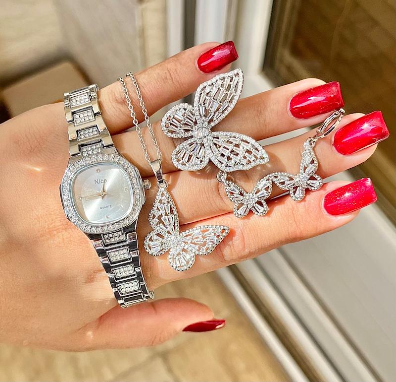 ست پروانه ای نقره ای نگین دار