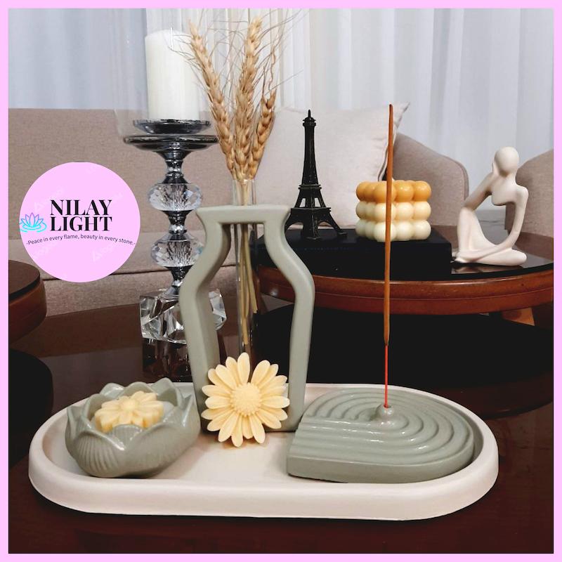 ست دکوری سنگ مصنوعی سبز سیج و کرم ۴پارچه کد۴