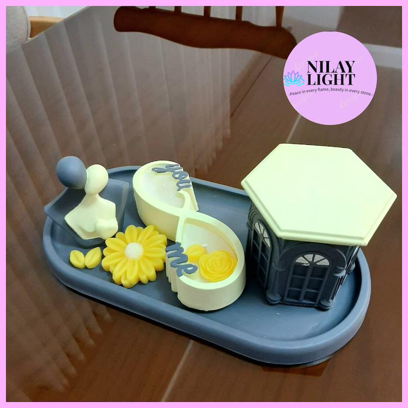 ست دکوری سنگ مصنوعی زرد کره ای و طوسی تیره ۴پارچه کد۹