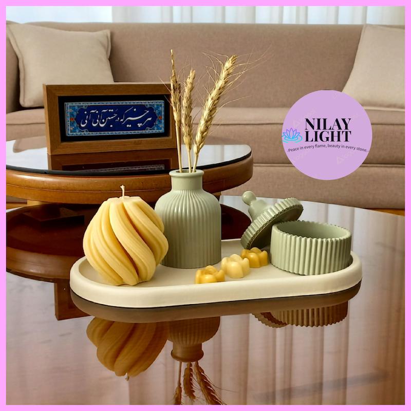 ست دکوری سنگ مصنوعی سبز سیج و کرم ۴پارچه کد۲