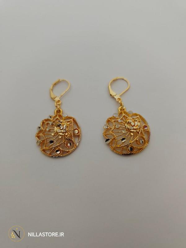 گوشواره طرح طلا تراش گل دار قفل فرانسه رنگ ثابت
