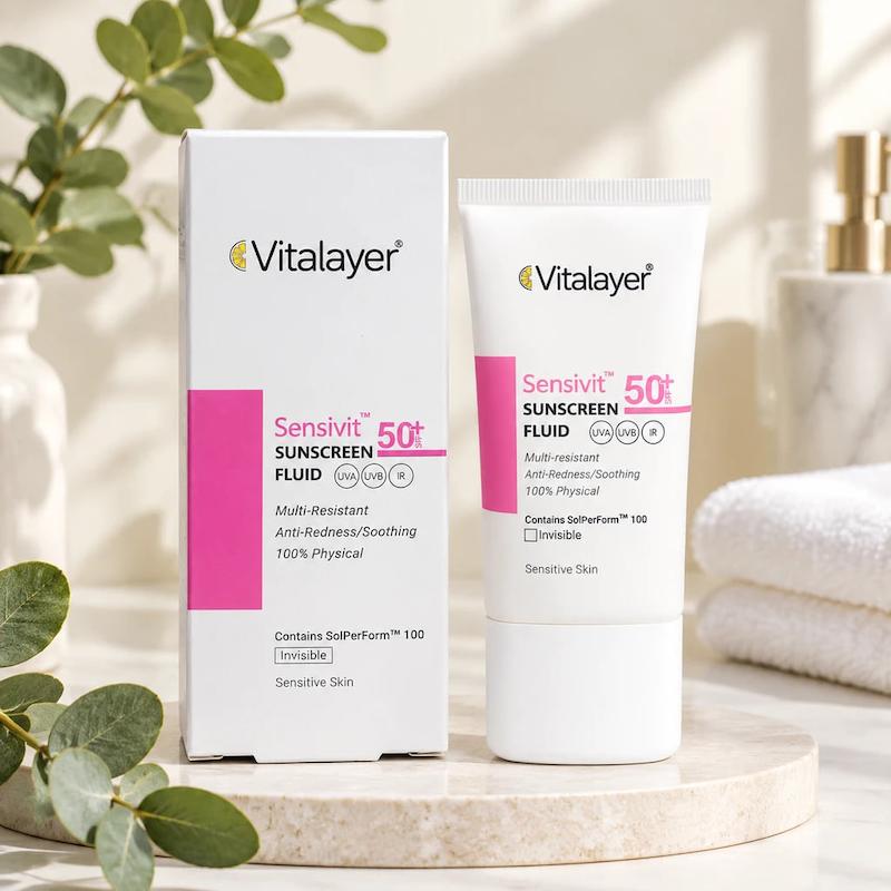 فلوئید ضد آفتاب فیزیکال ویتالایر (Vitalayer) مدل Sensivit مناسب پوست‌های حساس SPF 50+