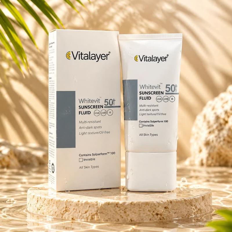 فلوئید ضد آفتاب و ضد لک ویتالیر مدل Whitevit بی‌رنگ با SPF 50+ – مناسب انواع پوست – حجم ۵۰ میلی‌لیتر