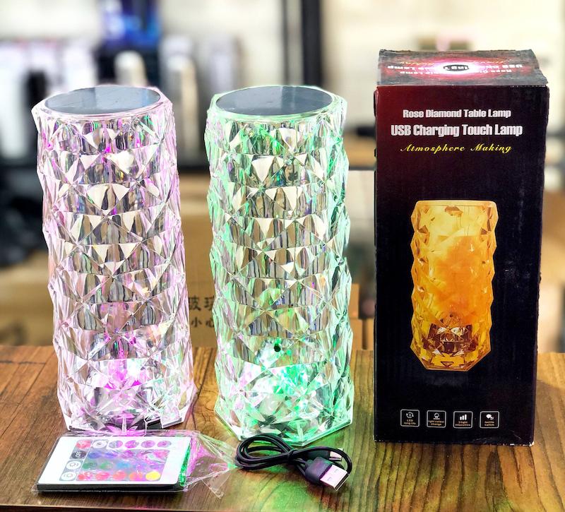 چراغ رومیزی کریستالی رز دایموند شارژی و لمسی RGB با ریموت کنترل