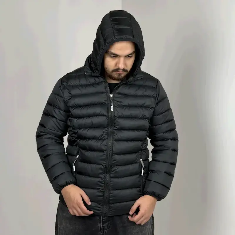 کاپشن پف‌دار مشکی کلاه‌دار مدل Ultra Light کد 148