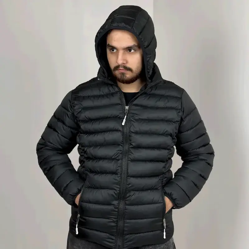 کاپشن پف‌دار مشکی کلاه‌دار مدل Ultra Light کد 148