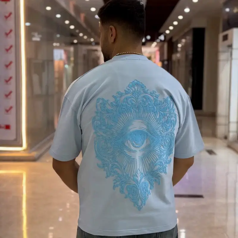 تیشرت یقه گرد چاپی پفکی برجسته چشم پولیزی آبی 173