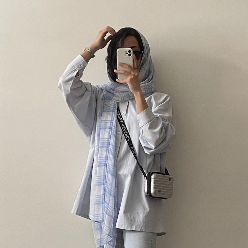 شال حریر آبی چهارخونه 