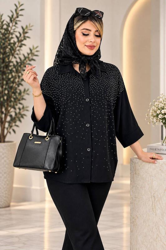 مانتو مشکی زنانه ، شومیز نگینی مشکی ، تونیک کیمونو 