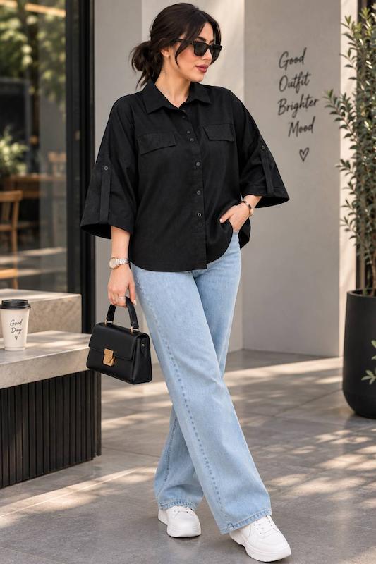 مانتو مشکی زنانه ، شومیز اسپرت مشکی ، تونیک کیمونو 
