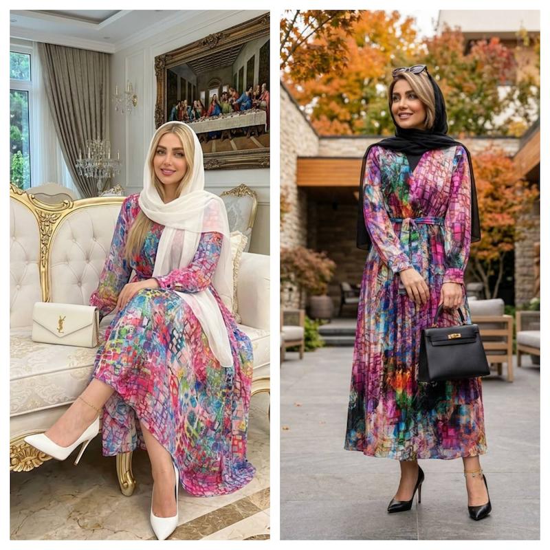 پیراهن حریر مجلسی زنانه ، ساحلی بلند و استین بلند و محجبه زنانه ، پیراهن ساحلی ابرنگی  