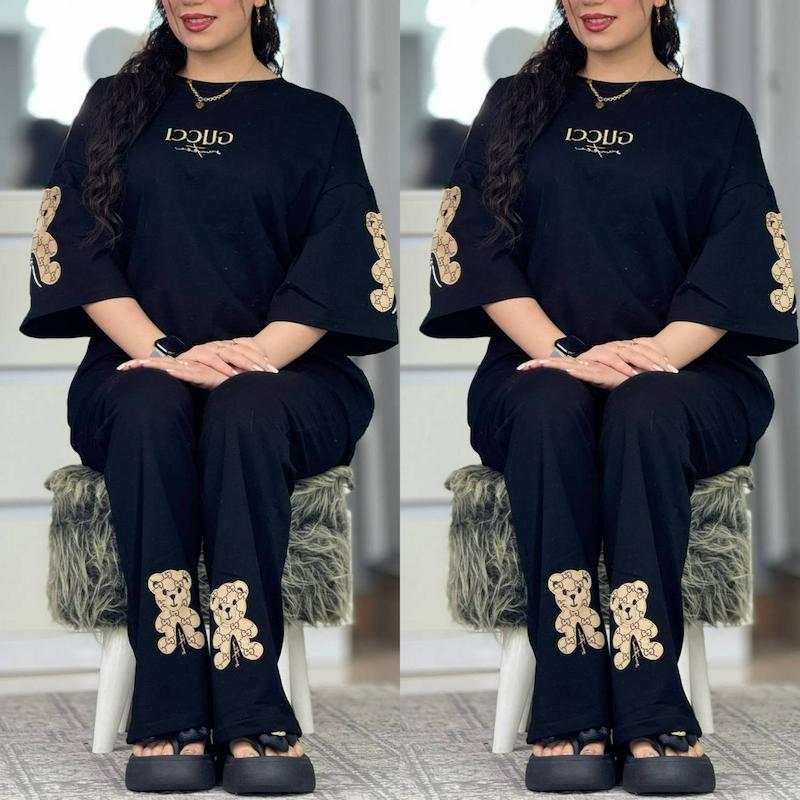 ست دو تیکه تیشرت و شلوار خرسی زنانه جنس پنبه ای ، تیشرت و شلوار مشکی زنانه بیرون پوش ، ست تیشرت و شلوار راحتی و خونگی سایز بزرگ 