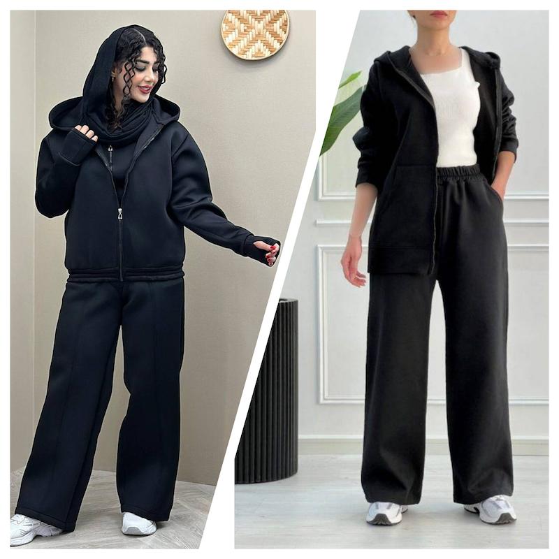 ست دوتیکه سوییشرت و شلوار دورس زنانه و دخترانه ، ست هودی و شلوار مشکی سایز بزرگ زنانه ، ست سویشرت و شلوار پاییزه اسپرت زنانه 