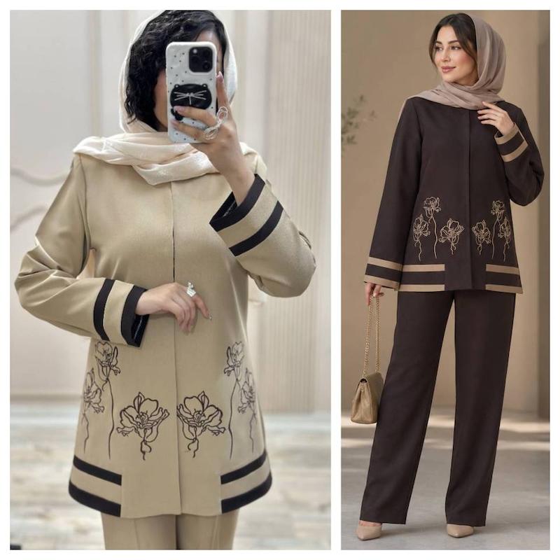 ست دوتیکه کت و شلوار گلدوزی مجلسی زنانه ، کت مانتویی و شلوار بزیاق ، کت و شلوار اسپرت زنانه ، ست مانتو و شلوار سایز بزرگ