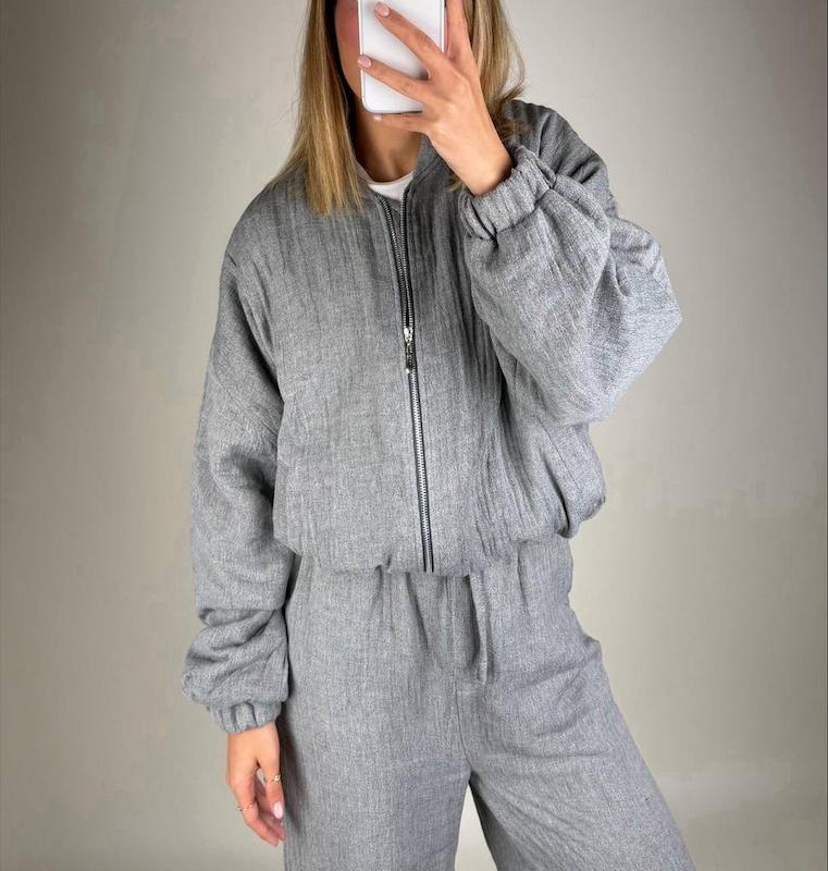 ست بامبر و شلوار نخی رنگ طوسی