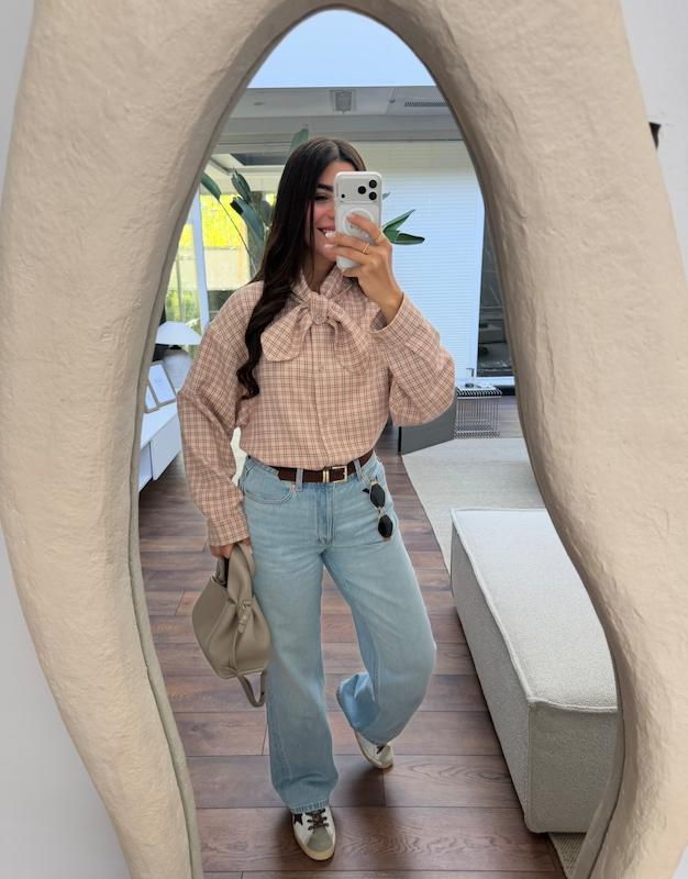 شومیز زنانه چهارخونه کرم