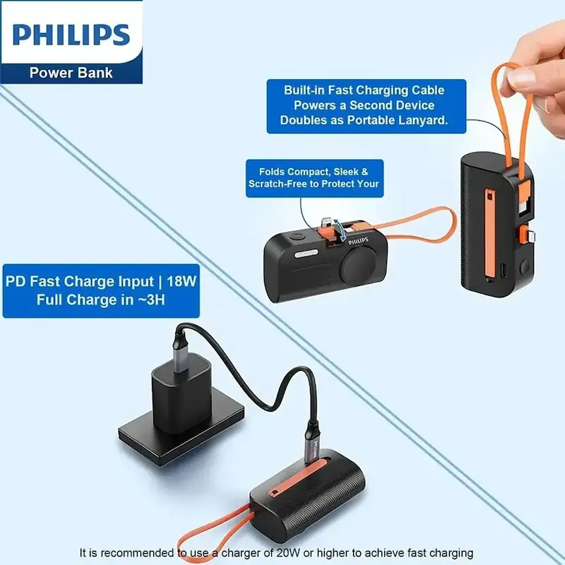 پاوربانک فیلیپس PD و فست شارژ Philips 5000mAh مدل DLP2552VB 18W - مشکی (گارانتی دوساله سی آوا)