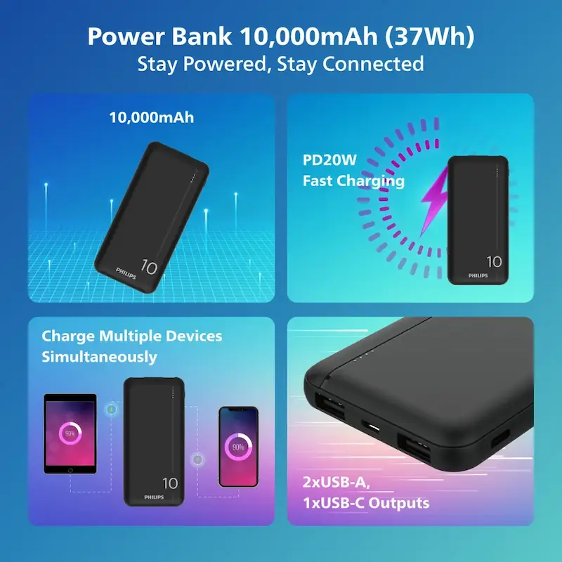 پاوربانک  فیلیپس PD و فست شارژ Philips 10000mAh مدل DLP1812PB 20W - مشکی (گارانتی دوساله سی آوا)