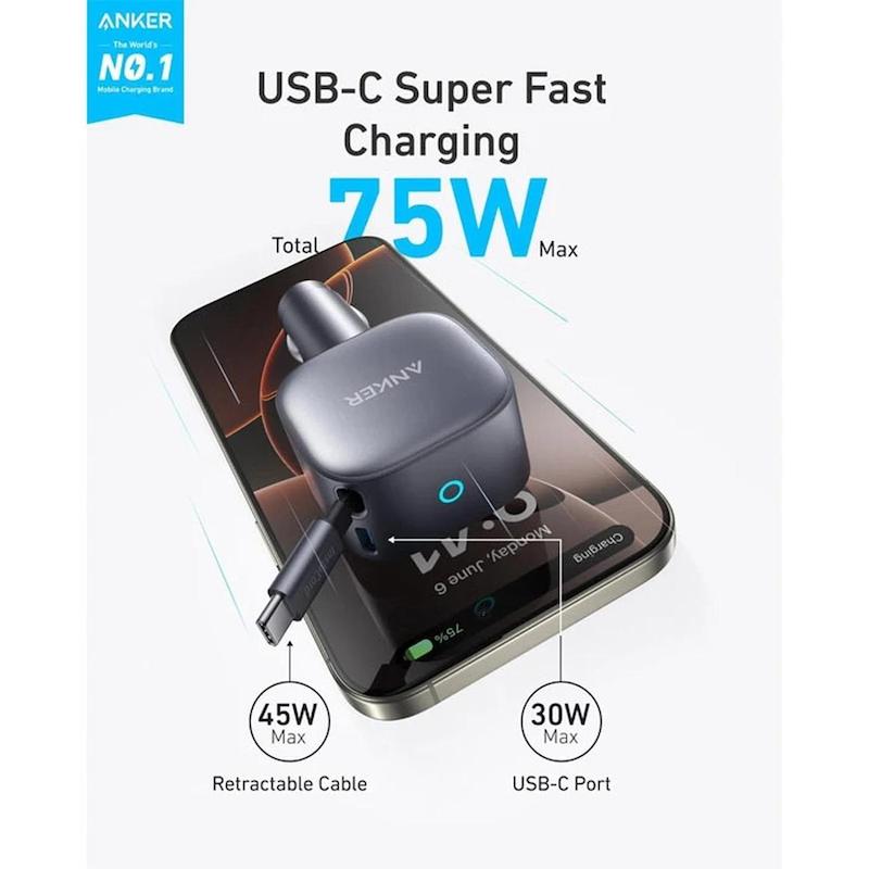 شارژر فندکی انکر فست دو پورت Anker مدل A2738PA2 75W به همراه کابل متصل Type-C - خاکستری (گارانتی شش ماهه شرکتی)