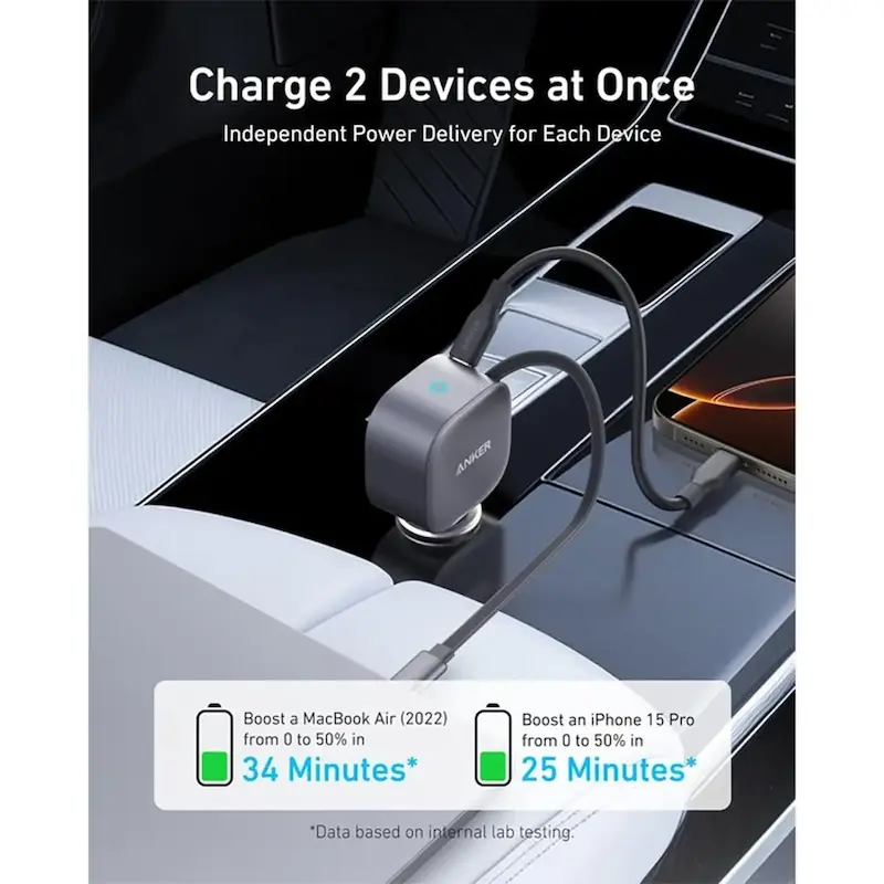 شارژر فندکی انکر فست دو پورت Anker مدل A2738PA2 75W به همراه کابل متصل Type-C - خاکستری (گارانتی شش ماهه شرکتی)