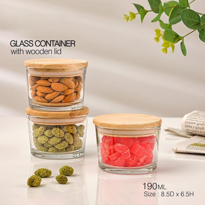 ظرف شیشه ای 190 میلی لیتر درب چوبی لیمون