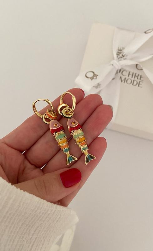 گوشواره ماهی میناکاری دورو طلایی و رنگی