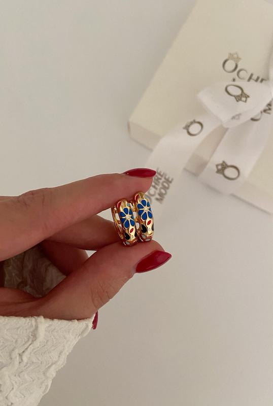 گوشواره میناکاری گل آبی و قلب مشکی