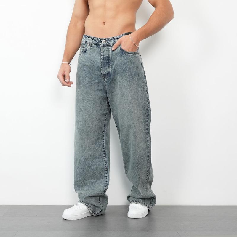 شلوار مردانه جین نیم بگ ساده کد 200216