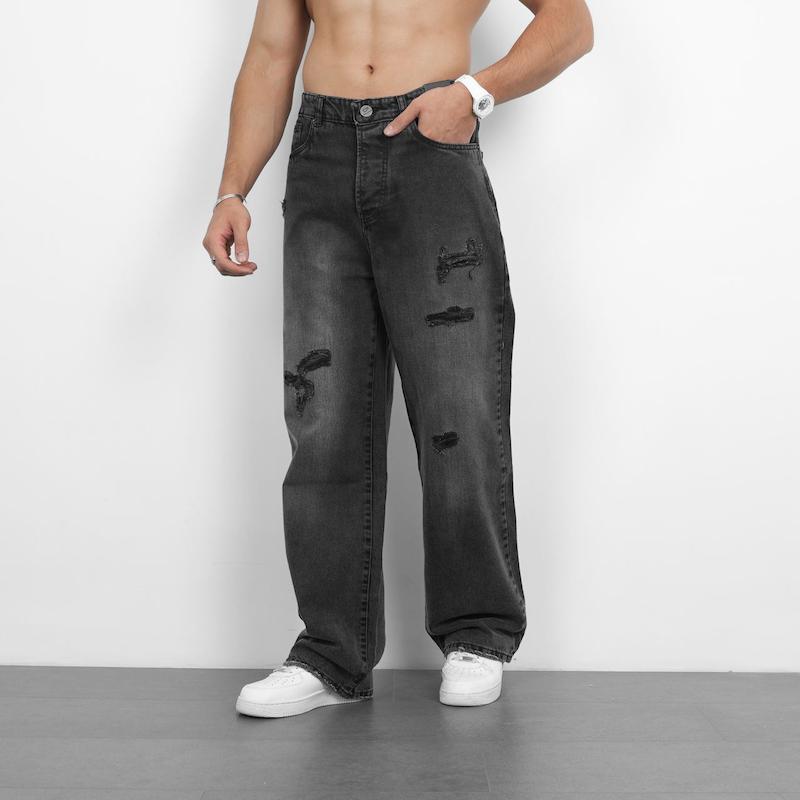 شلوار مردانه جین بگ زاپ دار کد 200236