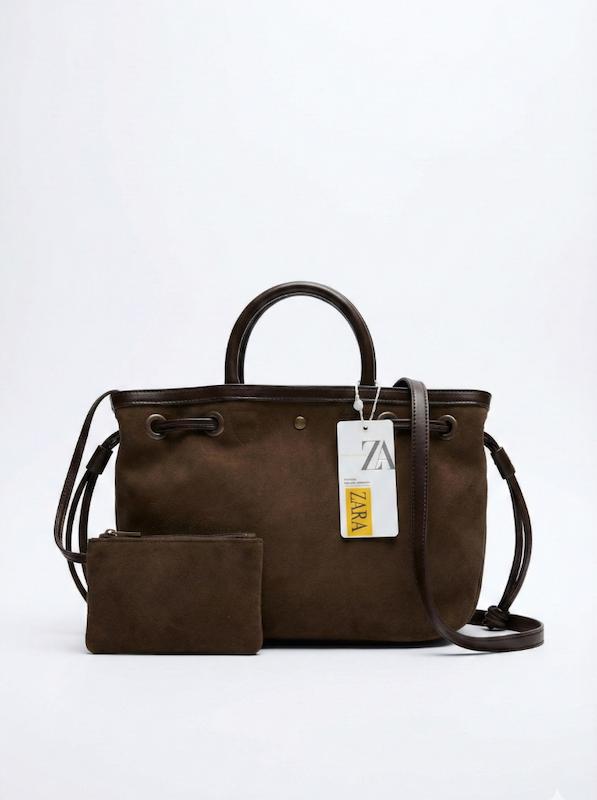 کیف جیر قهوه‌ای زارا مدل Shopper با بند قابل تنظیم