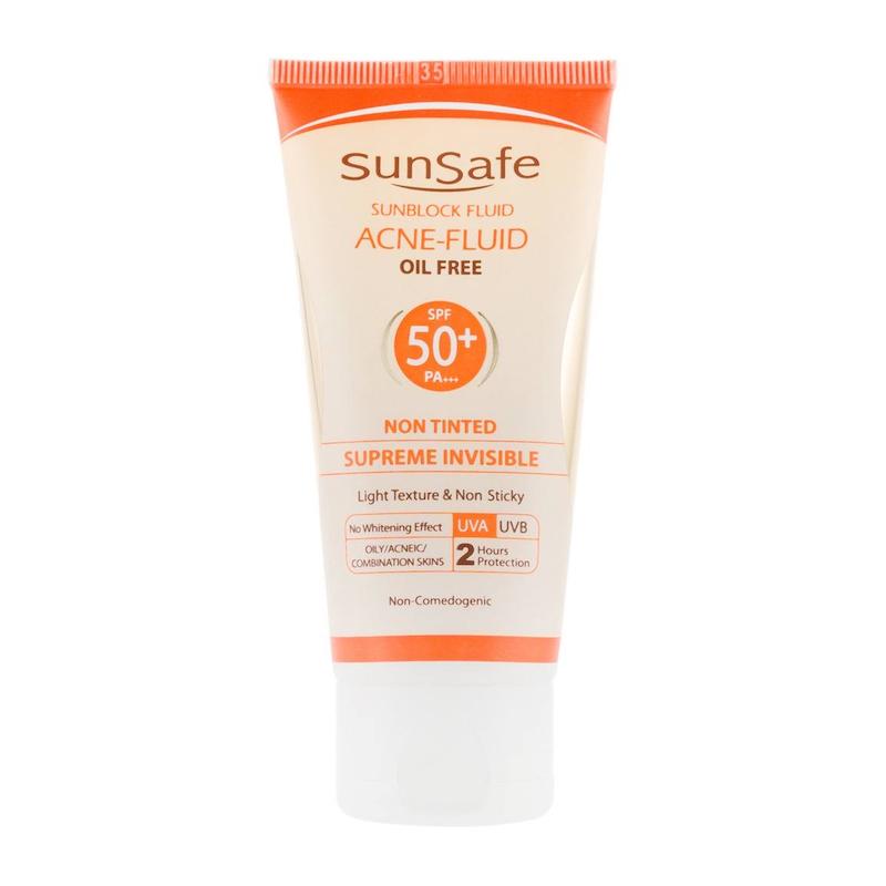 ضدآفتاب فلوئید سان‌سیف SPF50 بی‌رنگ مخصوص پوست حساس، چرب و مستعد آکنه