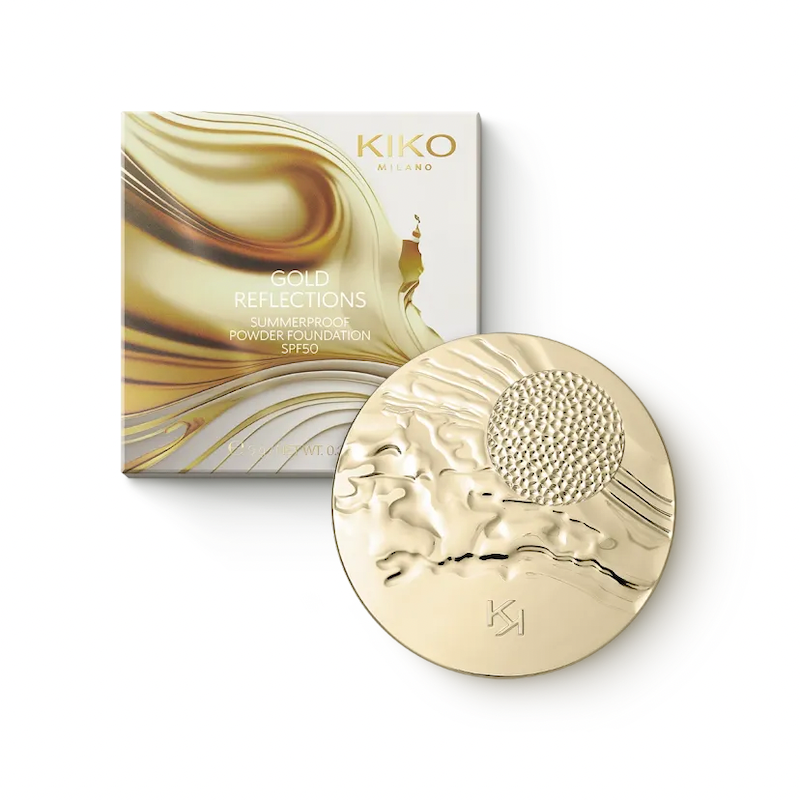 پنکک ضدآفتاب‌دار و ضدآب کیکو رنگ Cocoa مدل Gold Reflections Summerproof Powder Foundation SPF50  KIKO Milano Gold Reflections Summerproof Powder Foundation SPF50 – Cocoa