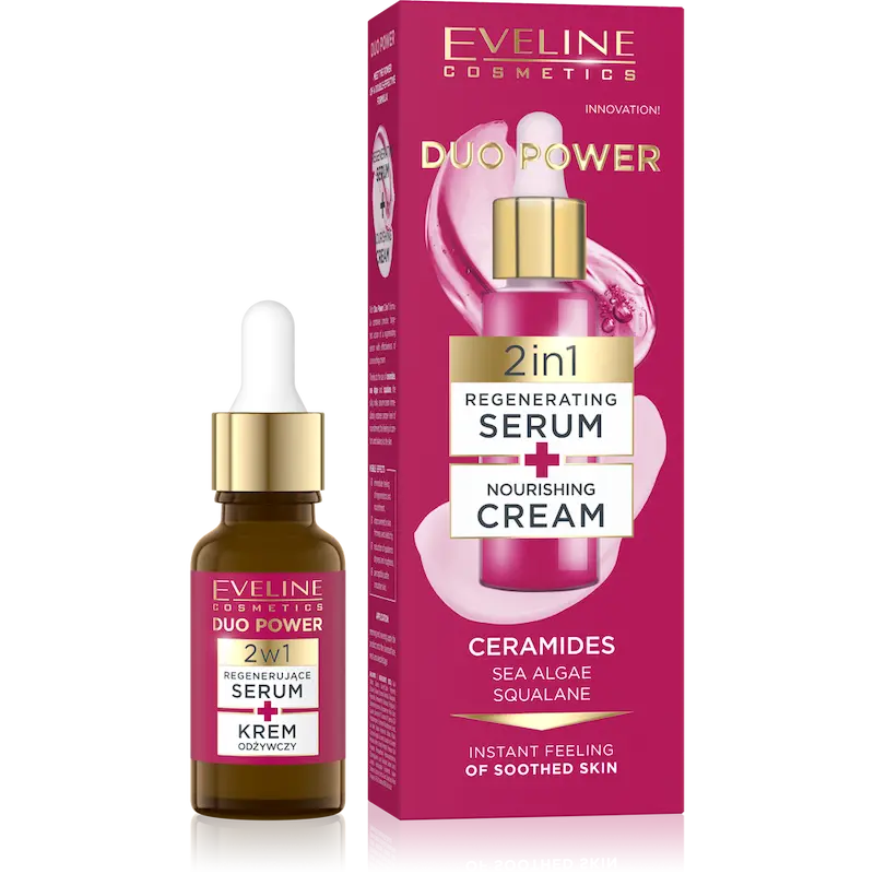 کرم-سرم روشن‌کننده و احیاکننده صورت گلو اسکین اولاین, – Eveline DUO POWER 18M Brightening & Revitalizing Cream-Serum