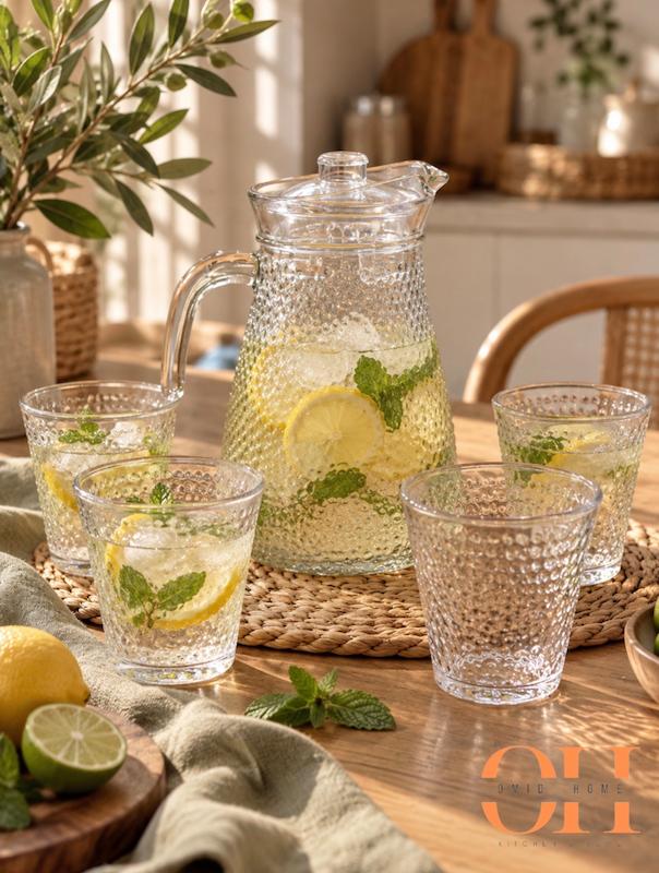 ست پارچ و لیوان شیشه‌ای۵ پارچه پارچ درب‌دار و ۴ لیوان
