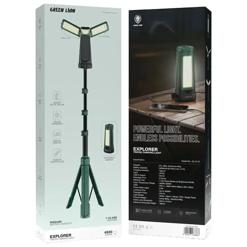 چراغ کمپینگ شارژی با سه پایه گرین لاین مدل (GNTCLEX4LM)Green Lion Explorer Tripod Camping Light