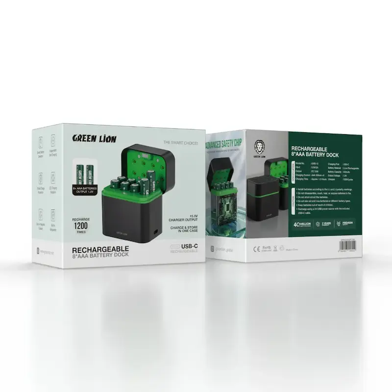 شارژر باتری نیم قلمی گرین لاین Green Lion مدل GRB-12 همراه 8 باتری AAA