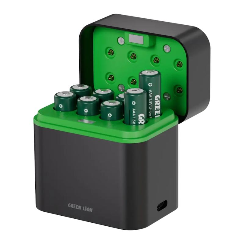 شارژر باتری نیم قلمی گرین لاین Green Lion مدل GRB-12 همراه 8 باتری AAA