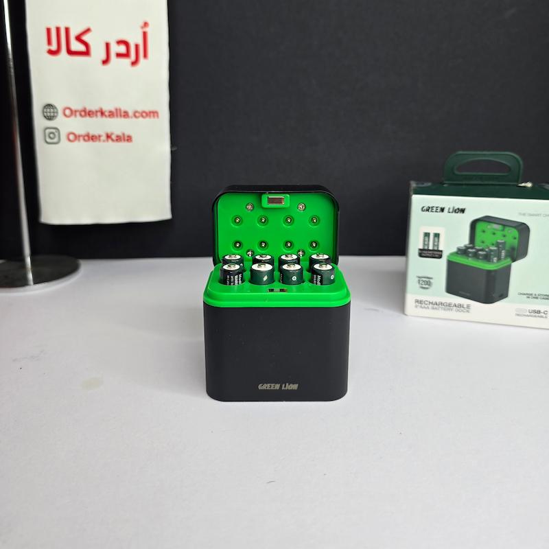 شارژر باتری نیم قلمی گرین لاین Green Lion مدل GRB-12 همراه 8 باتری AAA