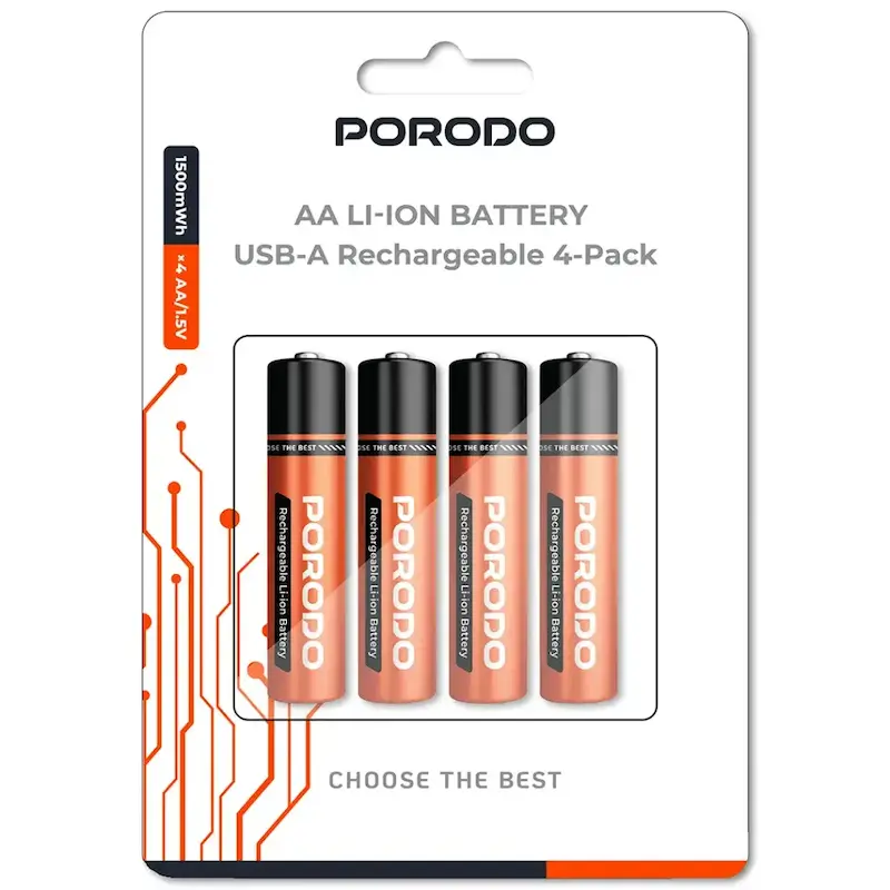باتری قلمی قابل شارژ پورودو بسته ۴ عددی مدل Porodo AA LI-Ion Battery USB-A Rechargeable 4-Pack