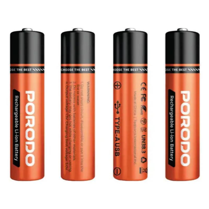 باتری قلمی قابل شارژ پورودو بسته ۴ عددی مدل Porodo AA LI-Ion Battery USB-A Rechargeable 4-Pack