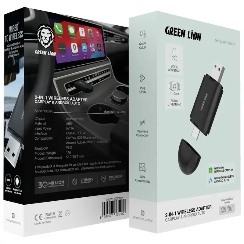 کارپلی و اندروید اتو گرین لاین مدل Green Lion 2-In-1 Wireless Adapter CarPlay & Android Auto