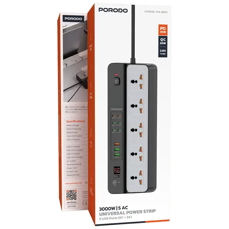 چند راهی برق پرودو مدل Porodo Power Strip PDFWCH098BK