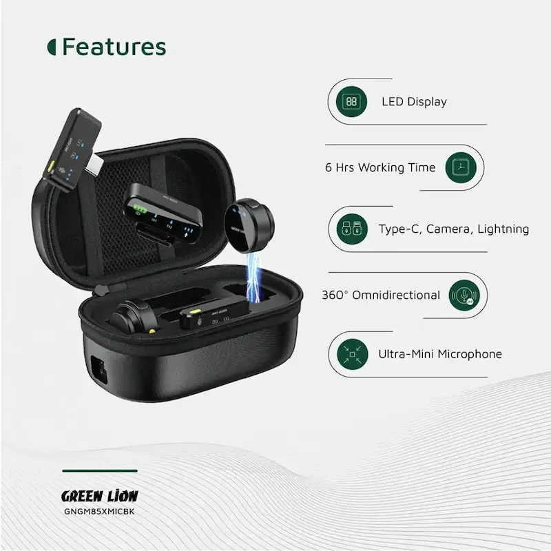 میکروفون یقه‌ای بی‌سیم سه کاره گرین‌لاین مدل Green Lion GM-85X 3 In 1 Wireless Microphone