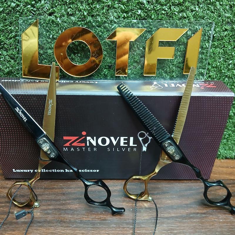 ست قیچی شیار دار برند زینوول دورنگ مشکی طلایی ۶اینچ