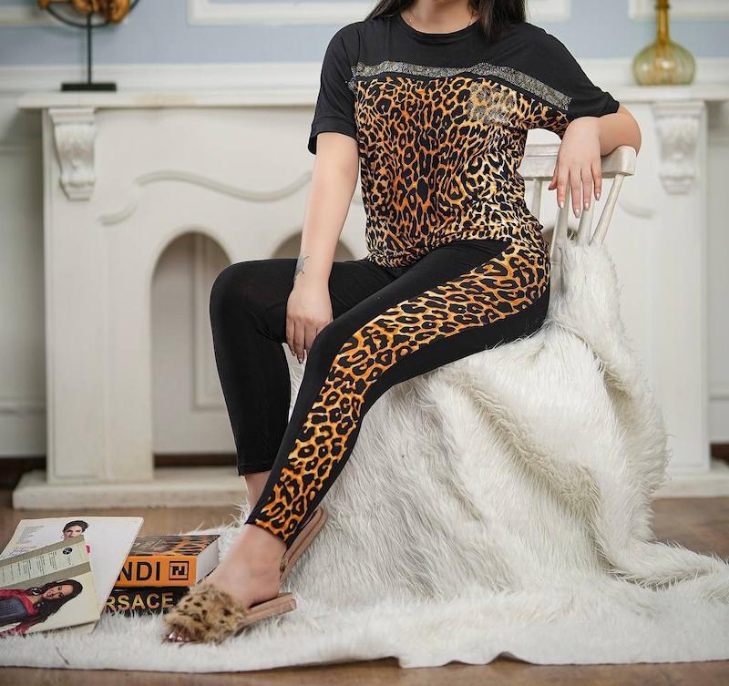 ست پلنگی جیب نگینی قهوه ای