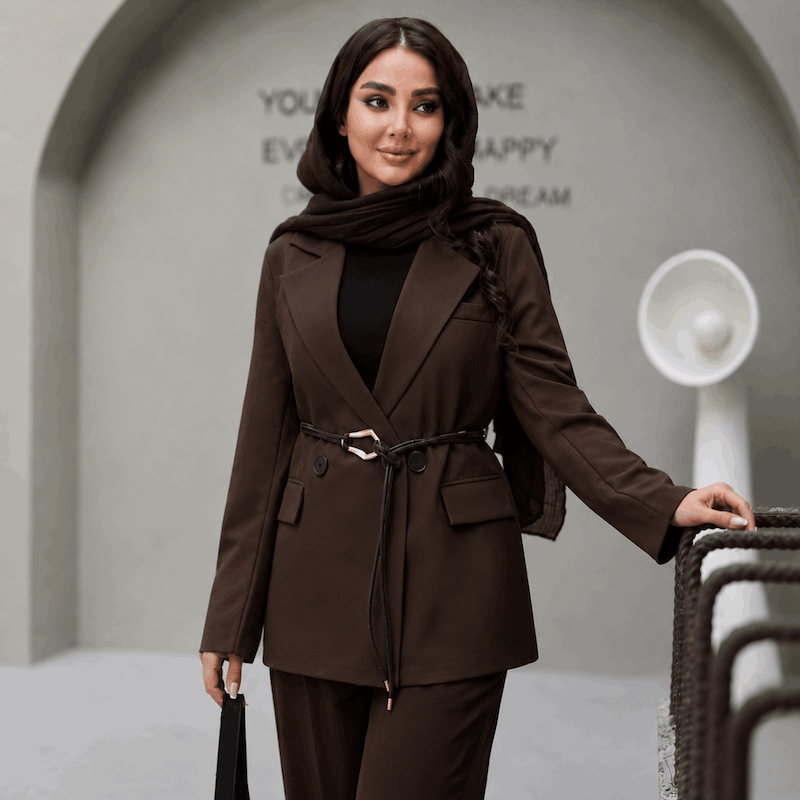 کت زنانه مازراتی قهوه ای استایل با کمربند چرم