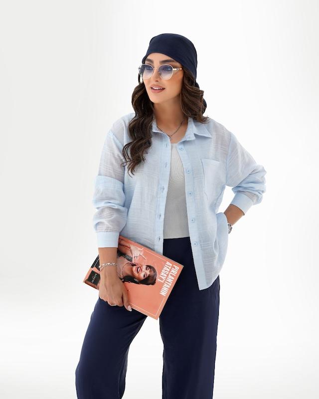 شومیز زنانه مینیمال و پاستیلی شیک آبی