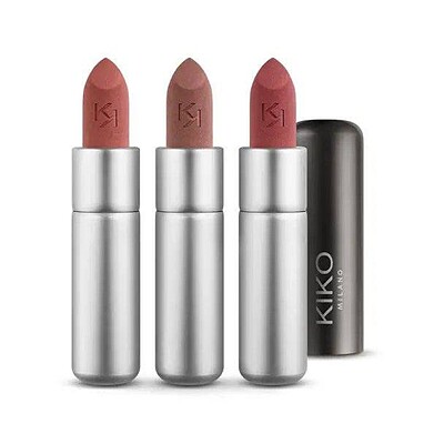 ست رژلب پودری کیکو میلانو    Make-up set containing 3 powdery matte-finish lipsticks, available in different shades.