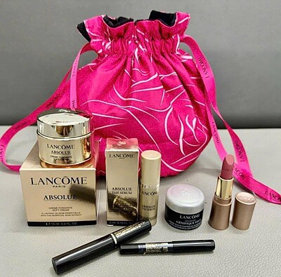 پک‌ لنکوم    Lancome Absolue 7pc Skincare Makeup Gift Set with Reversible Drawing Bag